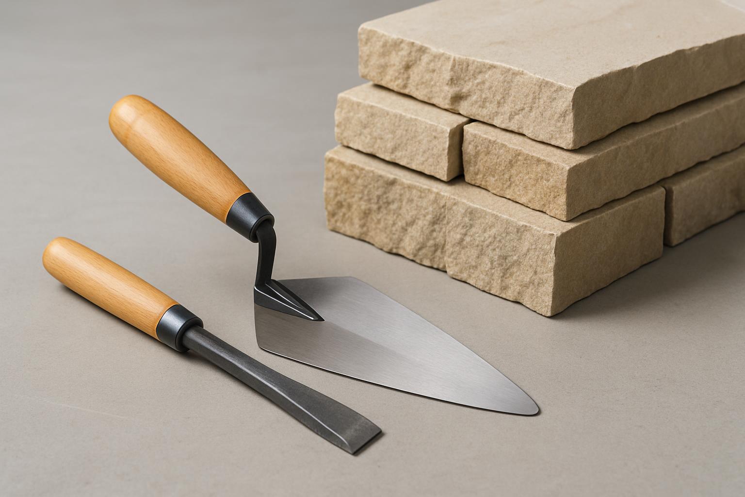Tools for laying stone masonry. Tool used for hand-laying stone masonry with chisel tip and left and right-handed shovel b...